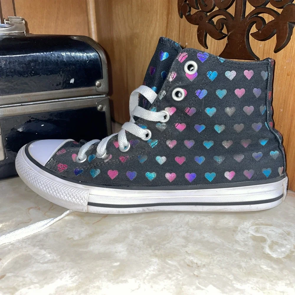 Black Hi-Top Converse Sneakers with‎ Metallic Hearts US 3 Youth/ EU 35 CLEAN